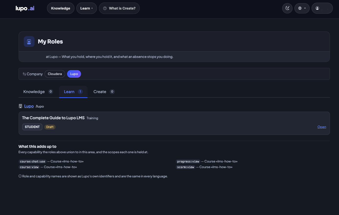 My Roles page, Learn tab, showing a held Student role and the capabilities it grants