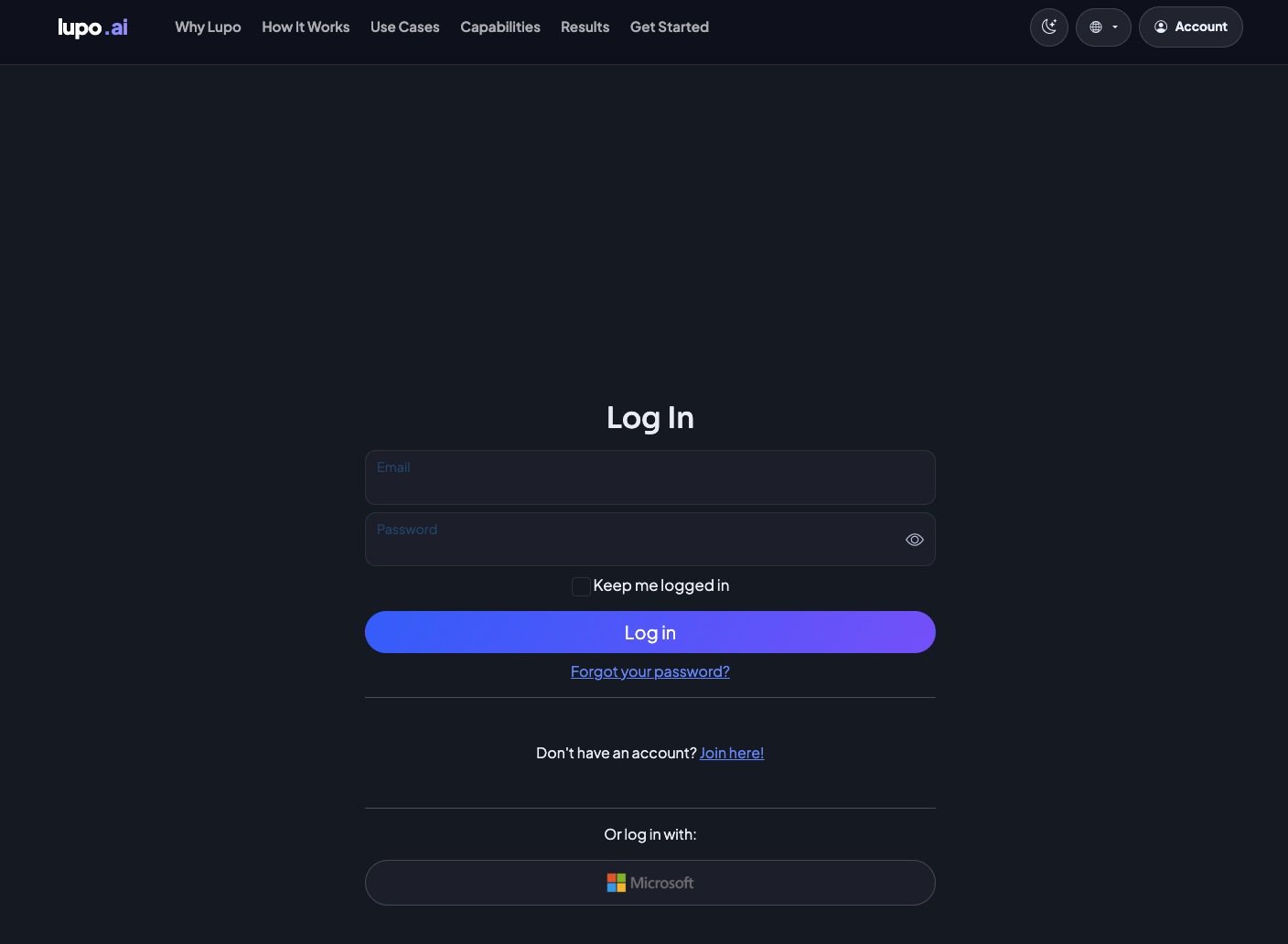 Sign in form, with the Microsoft sign-in option below it