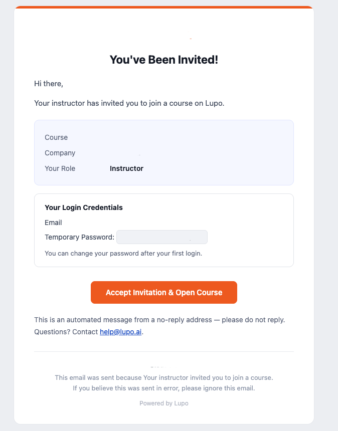 Invitation email, with course, company, role, and an Accept Invitation button