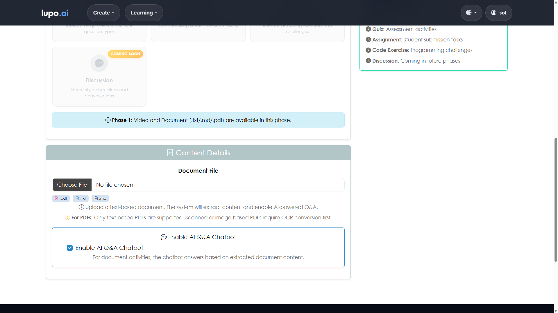 Add Document Activity form showing the file upload area