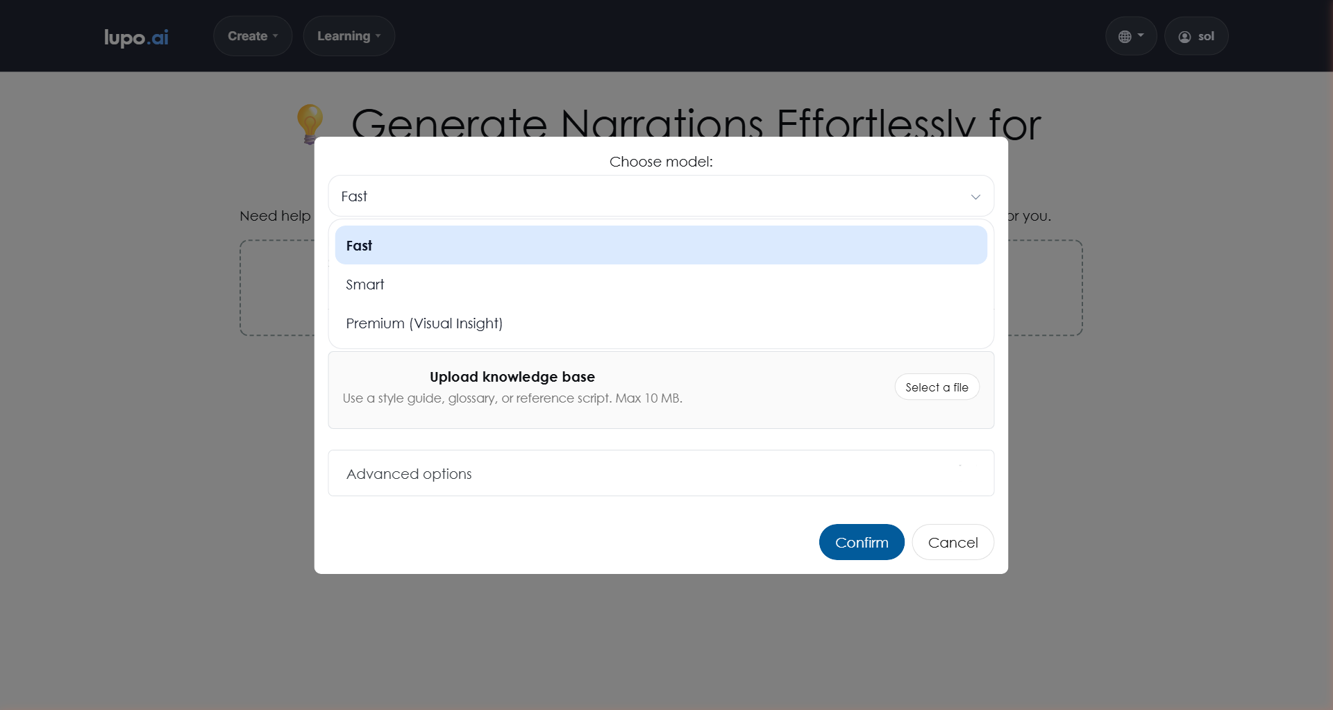 AI Slide Narrations page showing the drop area and model picker