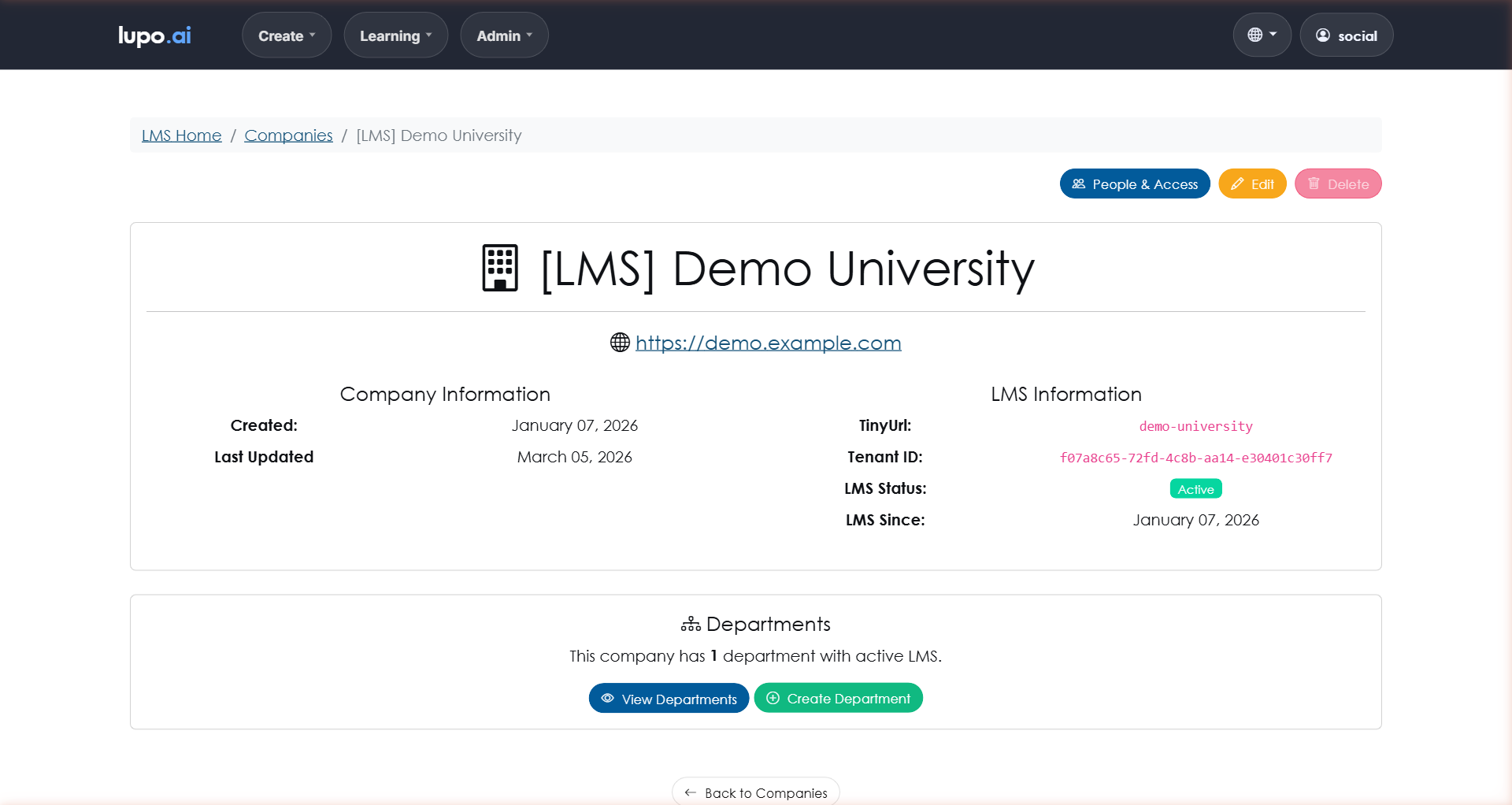 Company details page showing the list of departments