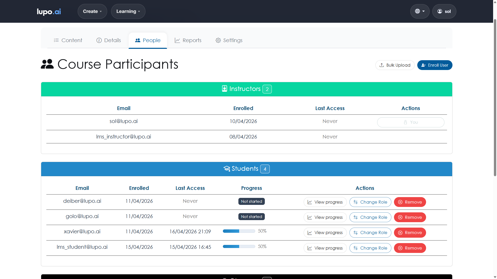 Course details page showing the People tab with enrolled learners
