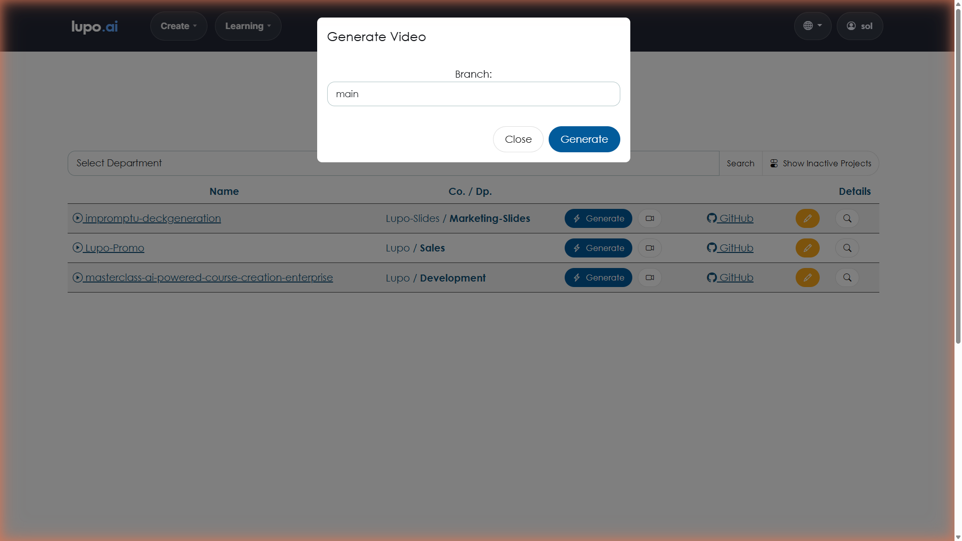 "Generate Video" modal showing the branch selector