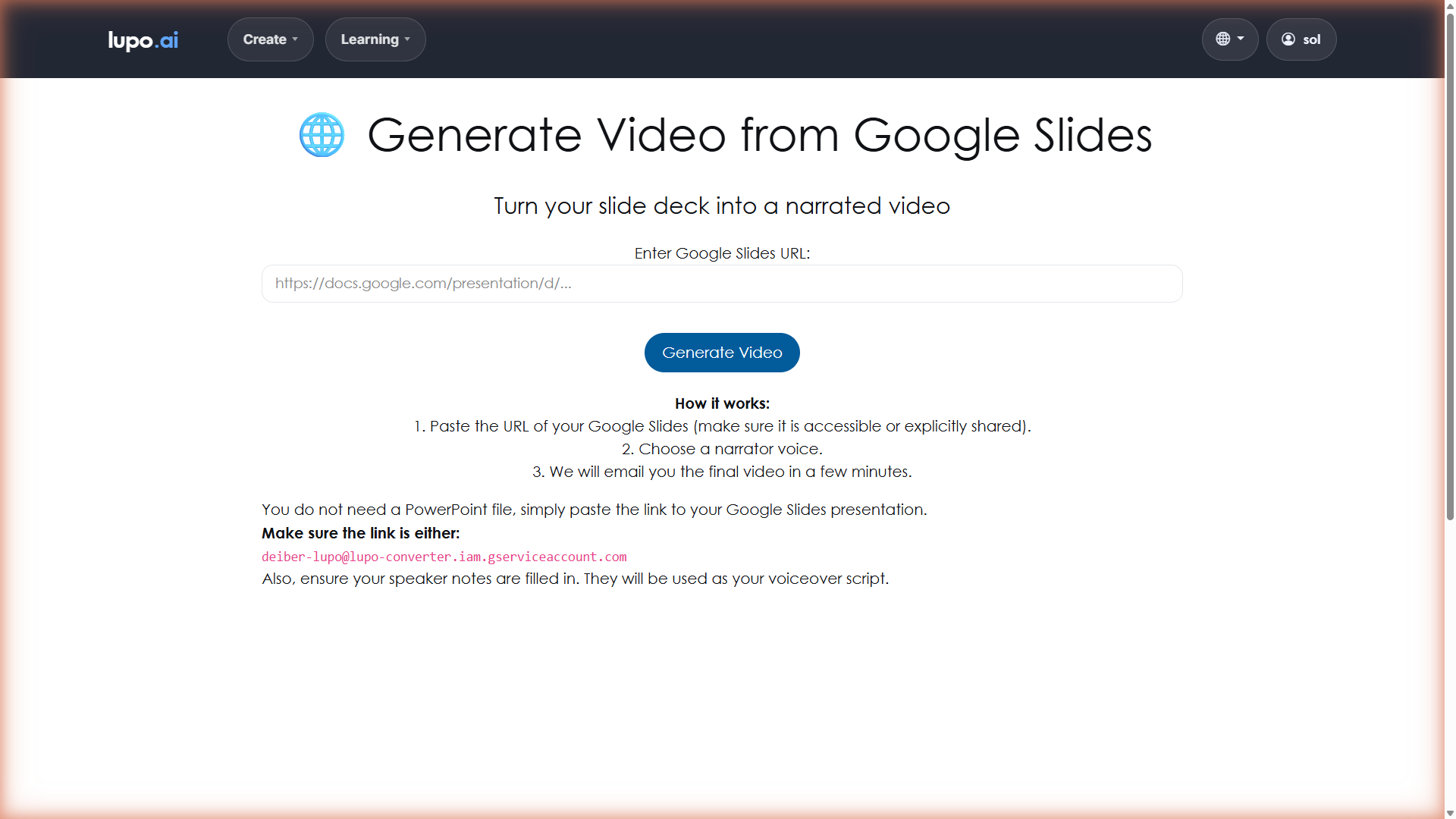 Google Slides page showing the URL input and Generate Video button