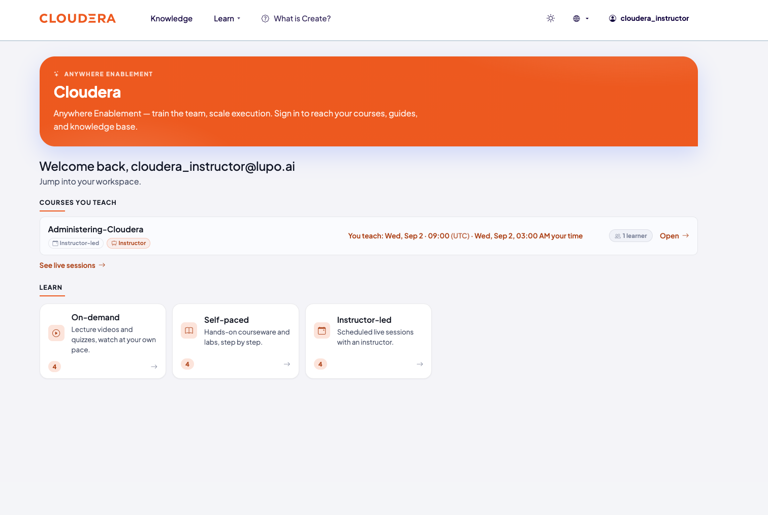 Branded company home page with a Courses you teach section showing a course card with next session time and learner count, plus a See live sessions link