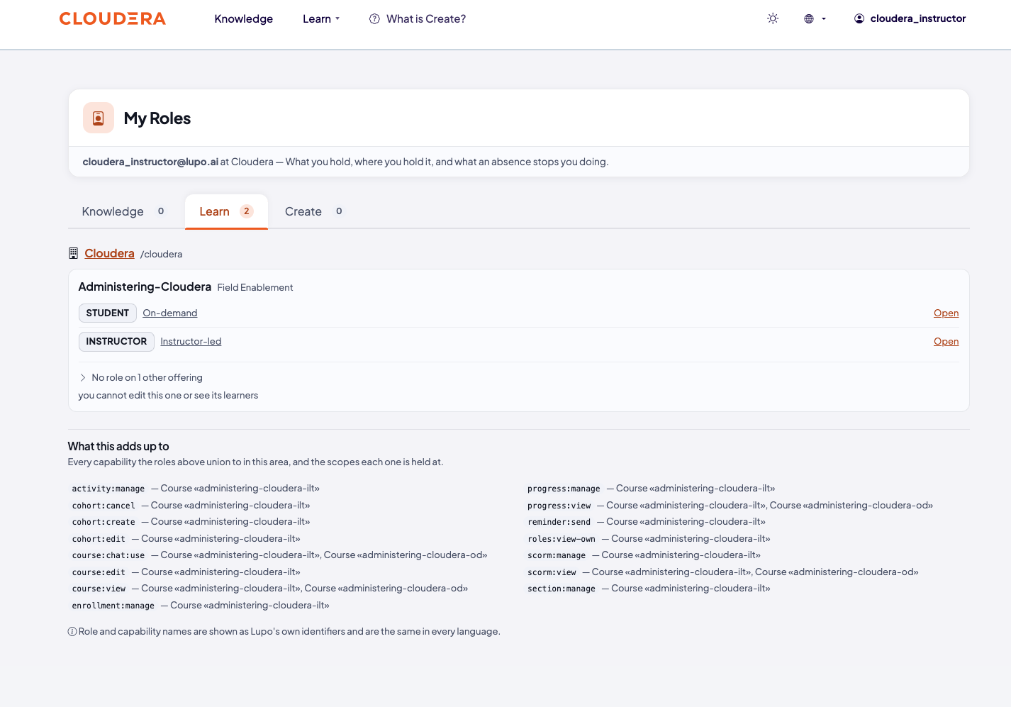 My Roles page showing STUDENT on the On-demand offering, INSTRUCTOR on the Instructor-led offering, and a capability breakdown below