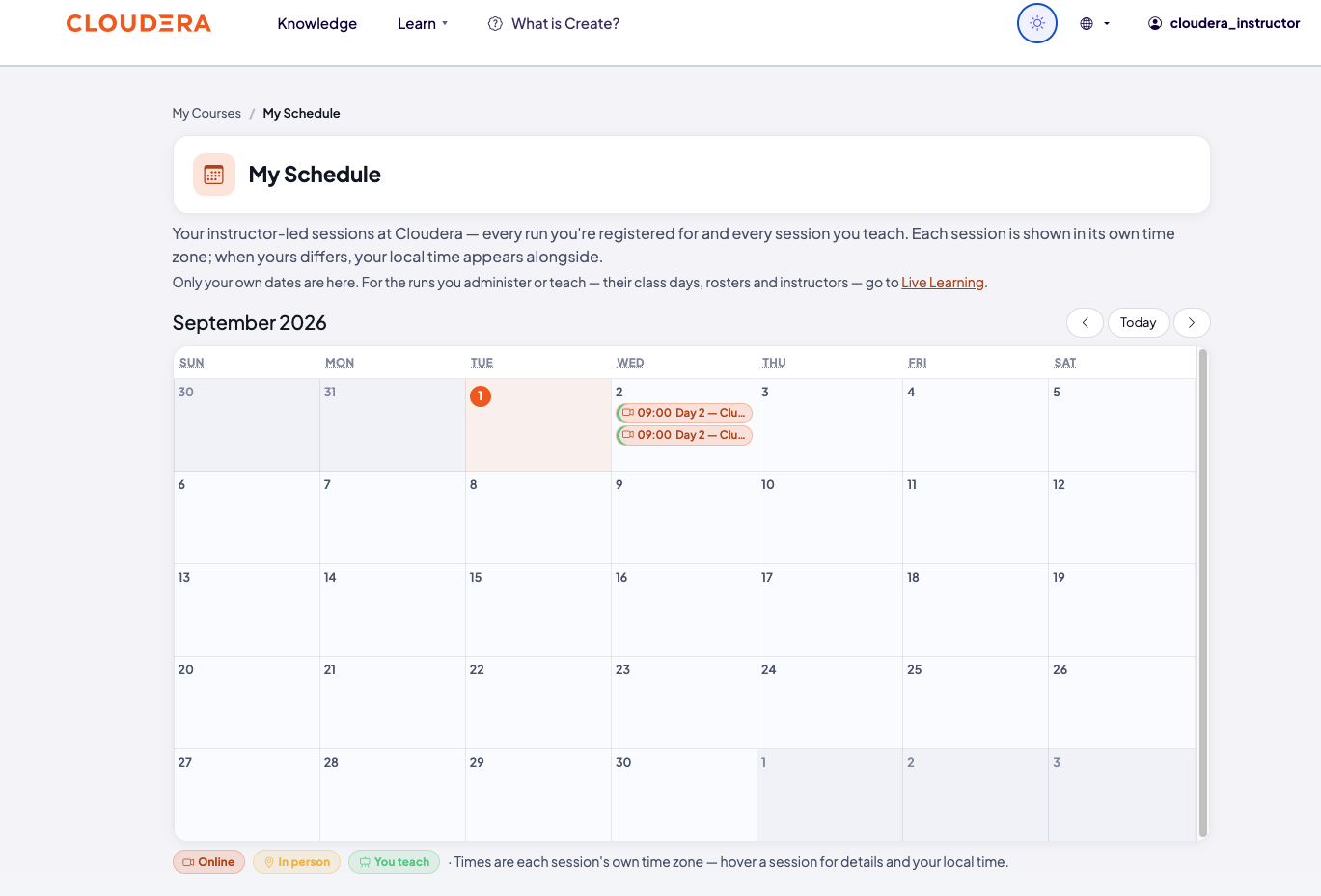 My Schedule page for an instructor, with a note that only their own dates are shown and a link to Live Learning for runs they administer or teach