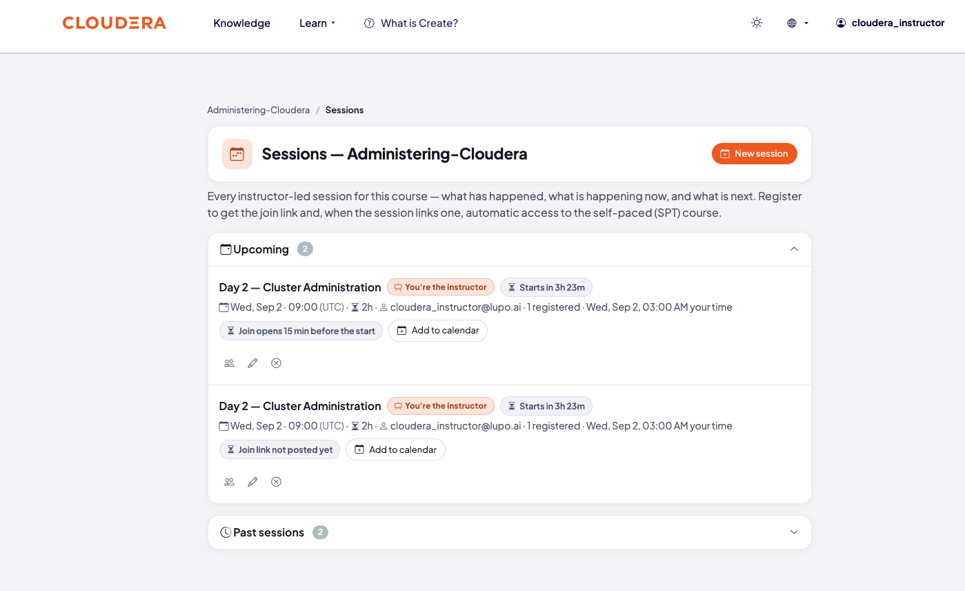 Sessions page for a course, showing the New session button and a list of upcoming sessions the instructor teaches