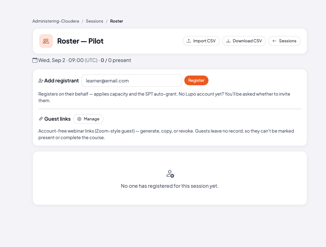 Roster page for a session, with Import CSV, Download CSV, Add registrant, and Guest links controls, and an empty roster