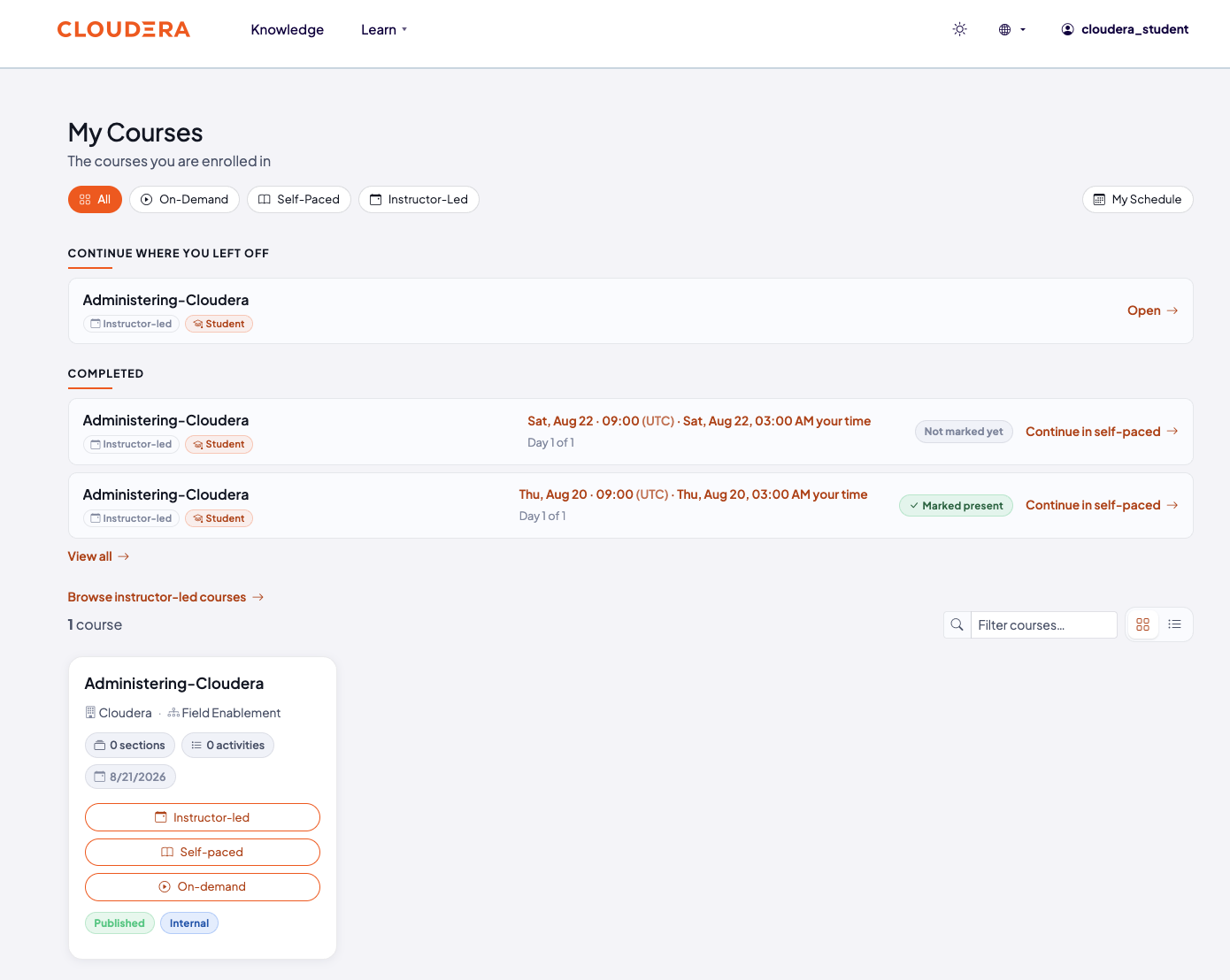 My Courses page, showing enrolled course tiles with filter chips for On-Demand, Self-Paced, and Instructor-Led, and sections for Continue where you left off and Completed