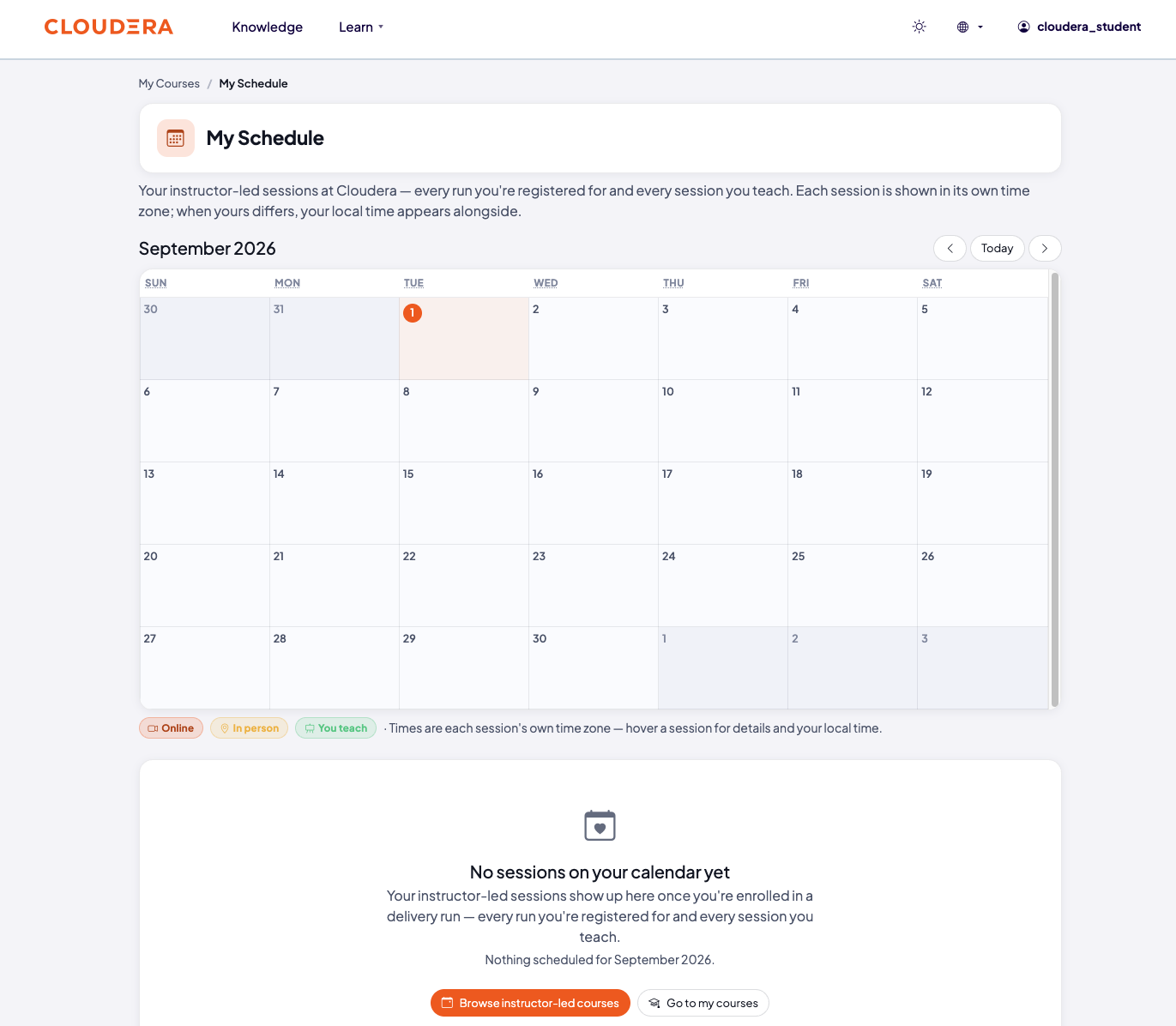 My Schedule page, a month calendar with a legend for Online, In person, and You teach, and an empty state offering to browse instructor-led courses