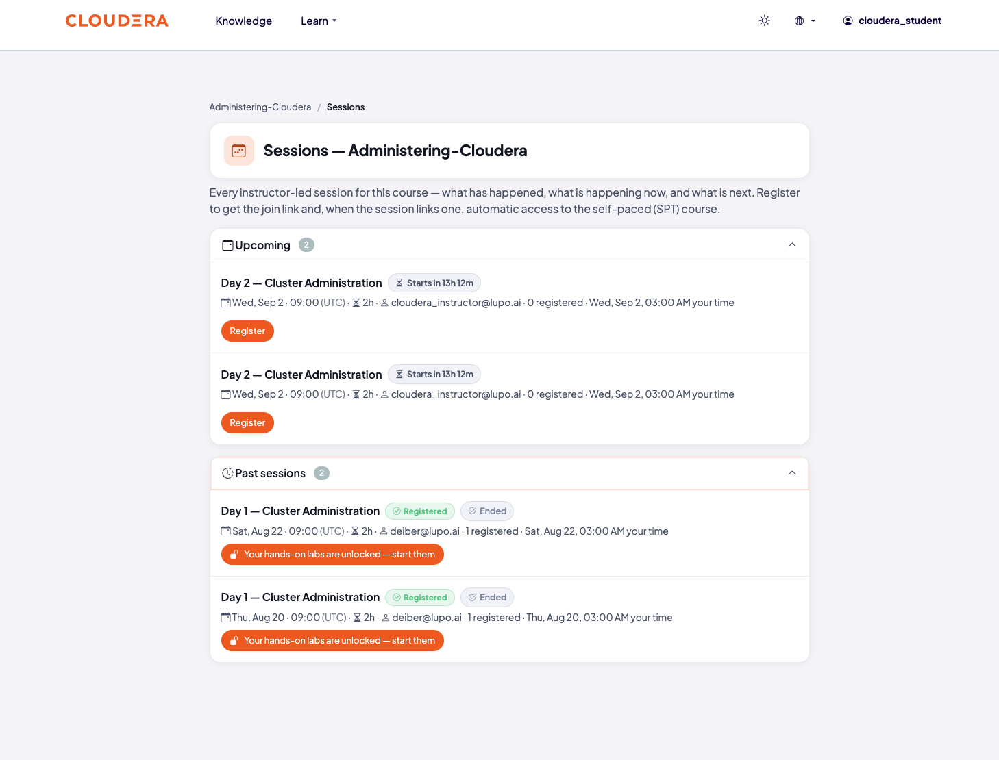 Sessions page for a course, listing upcoming sessions with a Register button, and past sessions already registered and ended