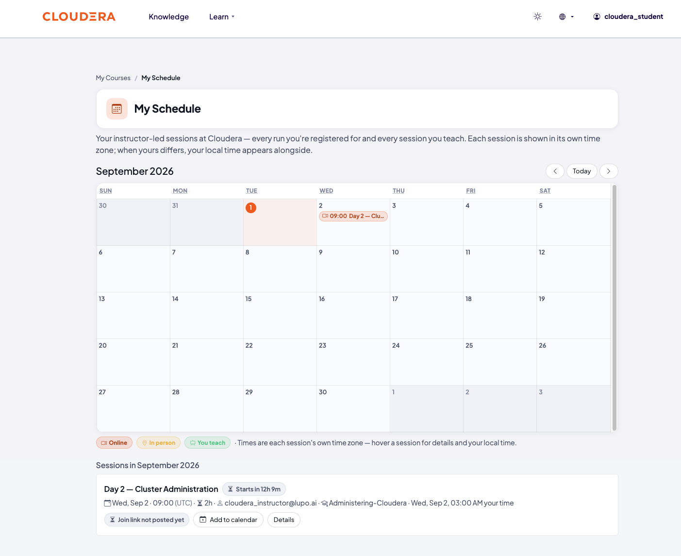 My Schedule page with a registered session shown as a block on the month calendar, and listed below with its time, instructor, and Add to calendar and Details buttons