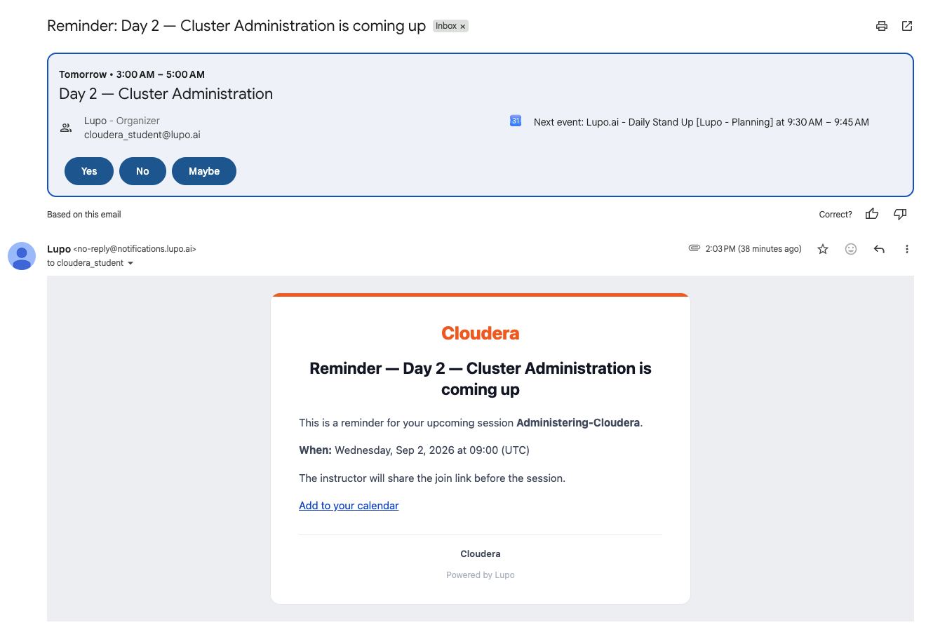 Reminder email for an upcoming session, showing the session name, start time, a note that the instructor will share the join link before the session, and an Add to your calendar link