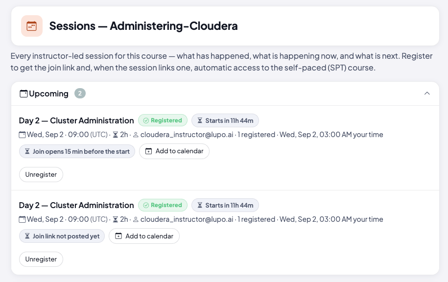Sessions list showing two registered sessions, one with a Join opens countdown and one with Join link not posted yet