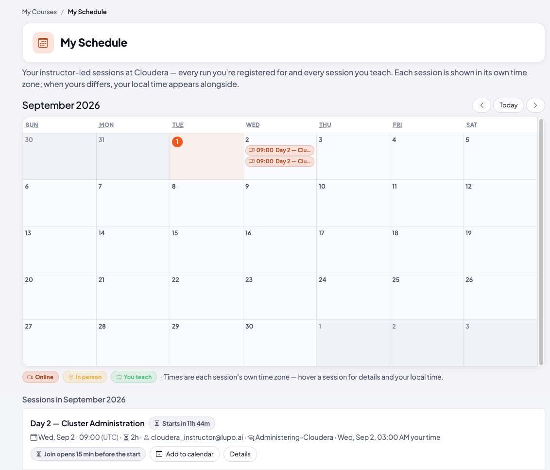 My Schedule page with a registered session on the calendar and listed below with a Join opens badge and Details button