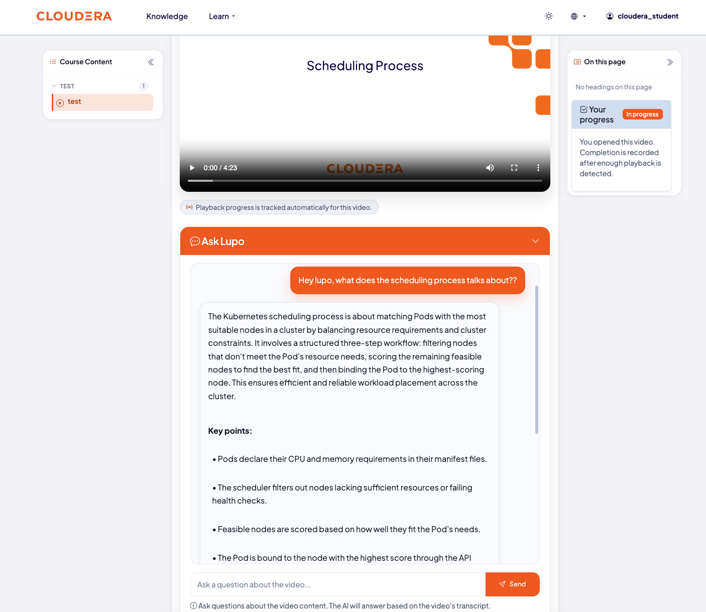 Instructor-led course content page with a Course Content rail on the left, the lecture in the middle, and an On this page rail on the right — no Ask Lupo panel