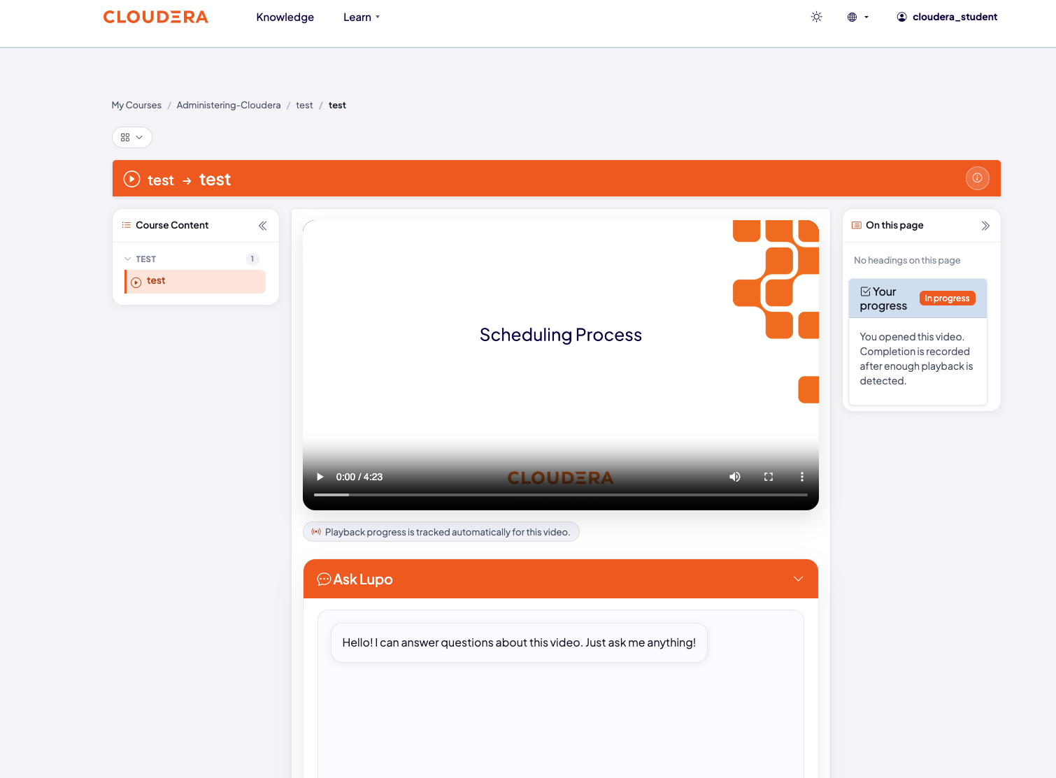 Ask Lupo panel below a video, with a default greeting inviting a question about the video