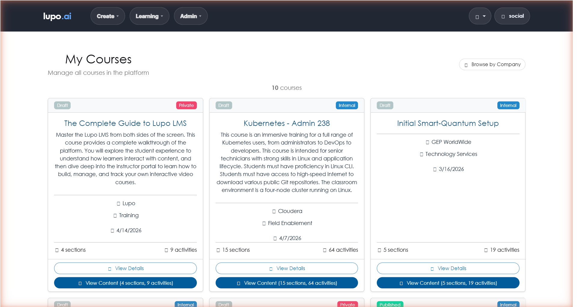 My Courses page, showing enrolled course tiles with status and delivery-type chips