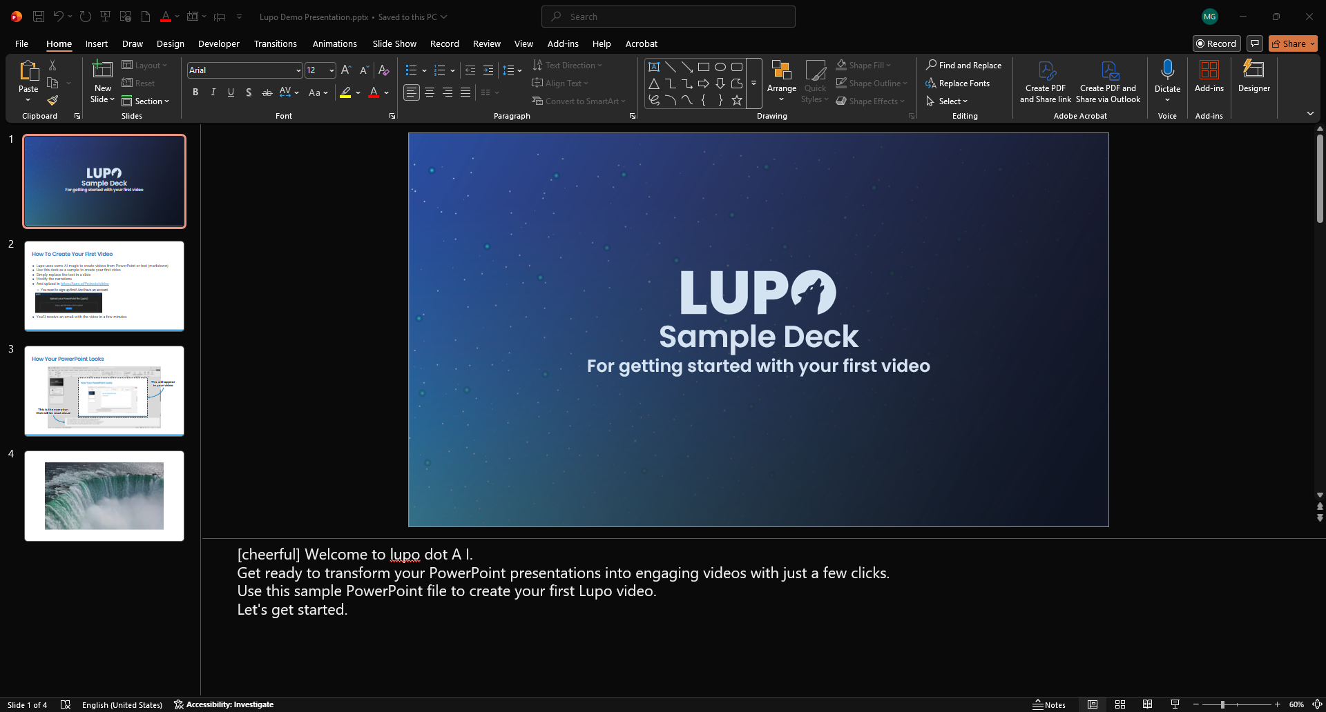 PowerPoint slide with speaker notes showing an inline emotion tag at the top