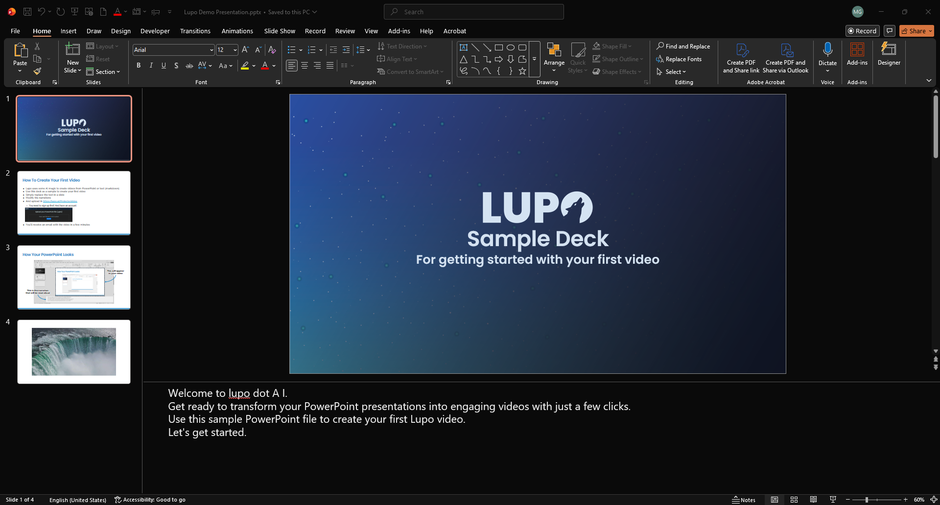 PowerPoint slide with narration visible in the speaker notes area