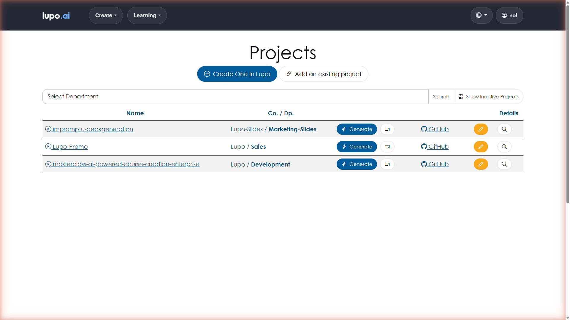 Projects list page showing the department filter and the table of projects