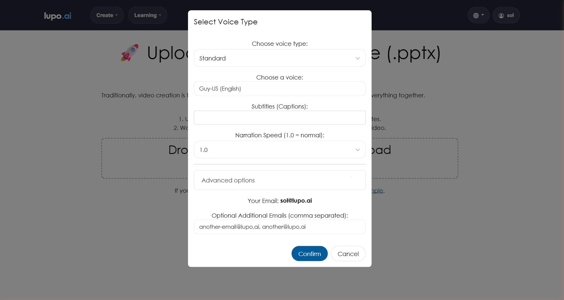 Upload page at lupo.ai/projects/slides showing the drop area