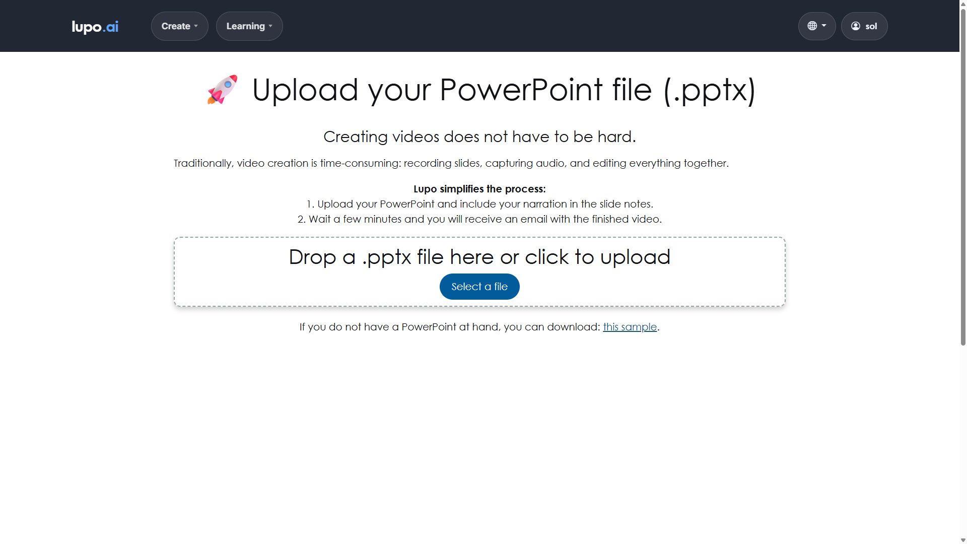 Upload page at lupo.ai/projects/slides showing the drop area