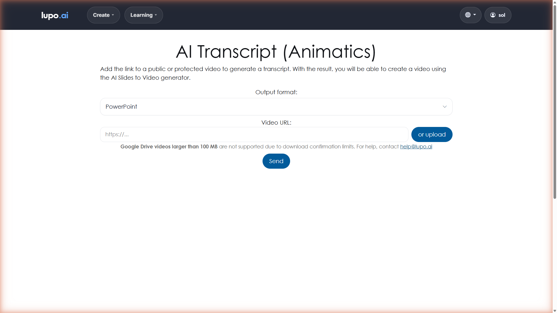 Transcript page showing the URL field, upload button, and output format selector