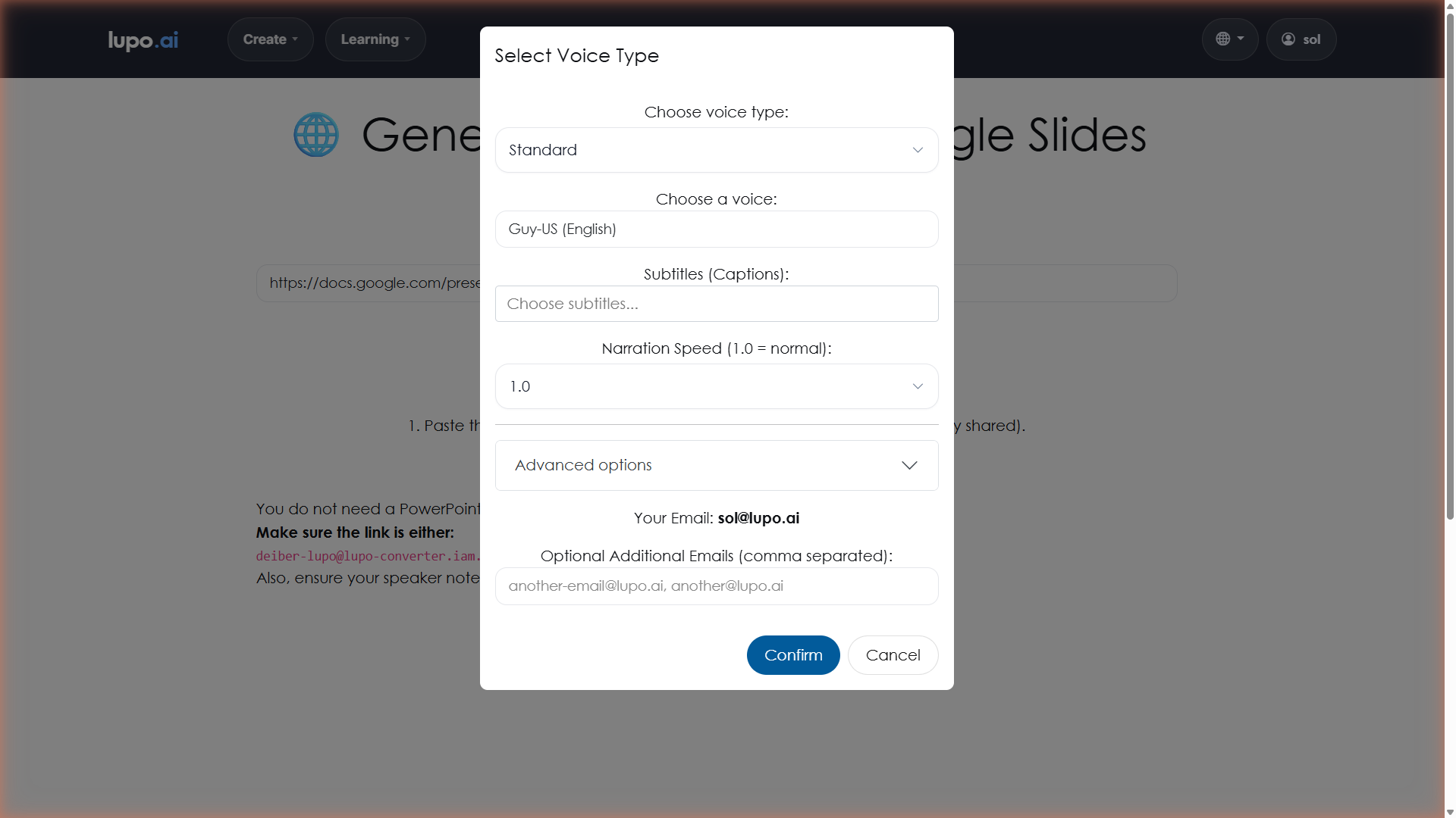 Voice dialog showing voice type, voice selector, subtitles, and speed