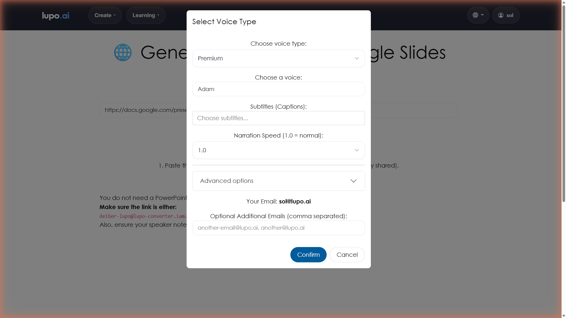 Voice dialog with "Premium" selected in the voice type dropdown