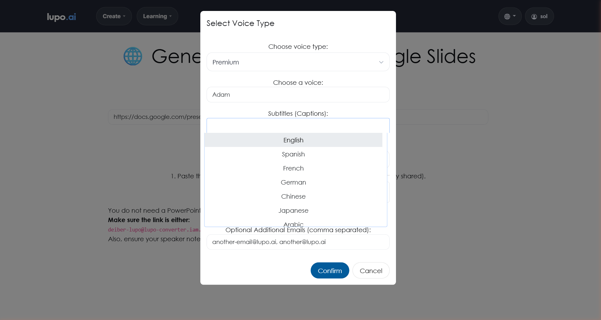Voice dialog with the Subtitles multi-select expanded
